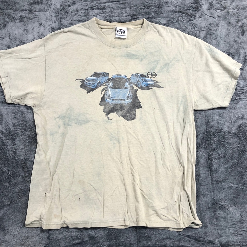 Scion Graphic T Shirt Mens Large Tan Fair Distressed JDM Car Promo Tee 2000s